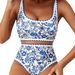 Women's Clothing Bikini Set Floral Print 2 Piece Swimsuit High Waist Low Round Neck Swimsuit_ecoleips.com