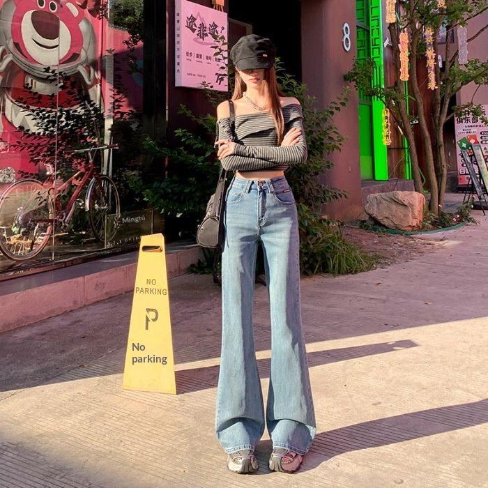 Retro Blue Jeans For Women, 2025 Early Autumn New Style, High-Waisted, Loose Fit, Non-Tight-Fitting, Stretchy Flared_ecoleips.com