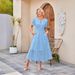 Women's Clothing V Neck Hollow Eyelet Pleated Short Sleeved Long Dress_ecoleips.com