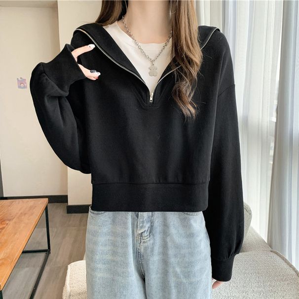 Autumn Winter New Color-Block Navy Collar Half-Zip Sweatshirt For Women Loose Korean Fashionable Versatile Gentle Style_ecoleips.com