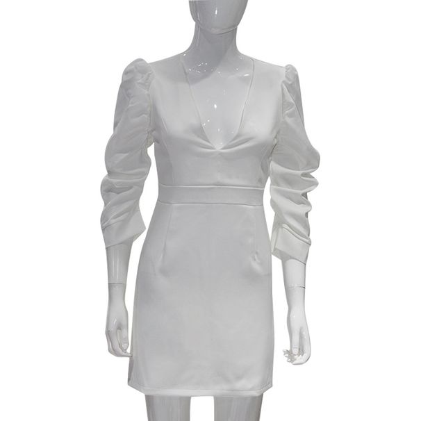 Women's Clothing White Deep V High Waist Backless Pile Sleeves Temperament Dress Short Skirt_ecoleips.com