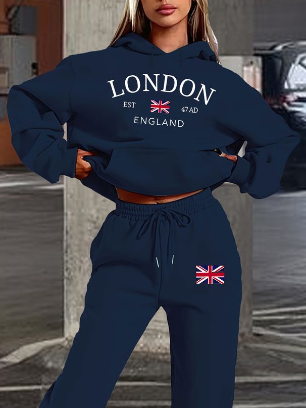 Women's Autumn/Winter Casual Fashion LONDON Pattern Printed Thick Fleece Warm Hoodie+Sports Pants Set-716_ecoleips.com