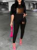 Women's Casual And Fashionable MELANIN Letter Pattern Printed Loose T-shirt+cropped Pants Two-piece Home Sportswear Daily Wear-411_ecoleips.com