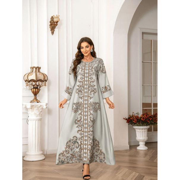 Women's Elegant Long Robe Kaftan round Neck High Density Rhinestone Beaded Print Muslim Fashion Cross Border Dress_ecoleips.com