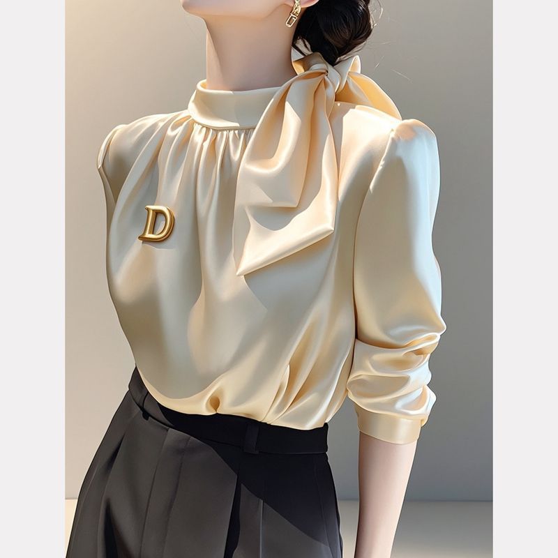 Champagne Satin Long-Sleeve Blouse Elegant Scarf Collar With Delicate Bow Tie – Premium Polyvinyl Alcohol Fiber – Versatile Office-to-Evening Wear_ecoleips.com