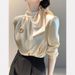 Champagne Satin Long-Sleeve Blouse Elegant Scarf Collar With Delicate Bow Tie – Premium Polyvinyl Alcohol Fiber – Versatile Office-to-Evening Wear_ecoleips.com