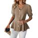 Elegant V-Neck Bubble Sleeve Blouse Slim Fit Short Sleeve Shirt Solid Color Summer Top for Office And Casual Wear for Women_ecoleips.com