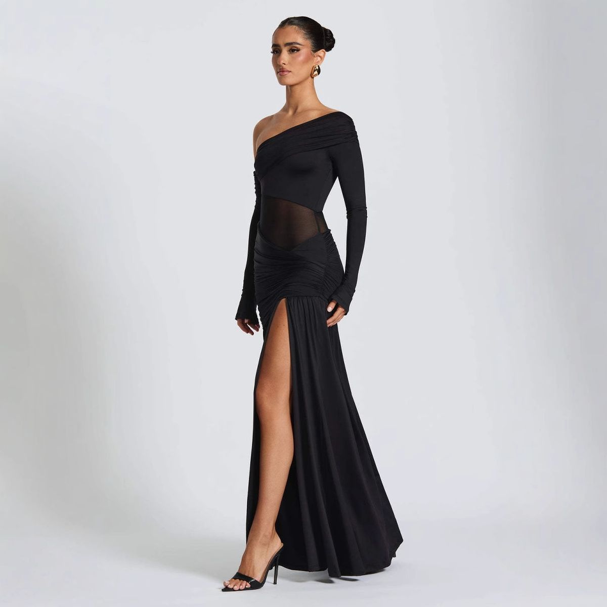 Women's Clothing One Shoulder Pleated Waist See Through Off Shoulder Mesh Women's Sexy Long Skirt_ecoleips.com