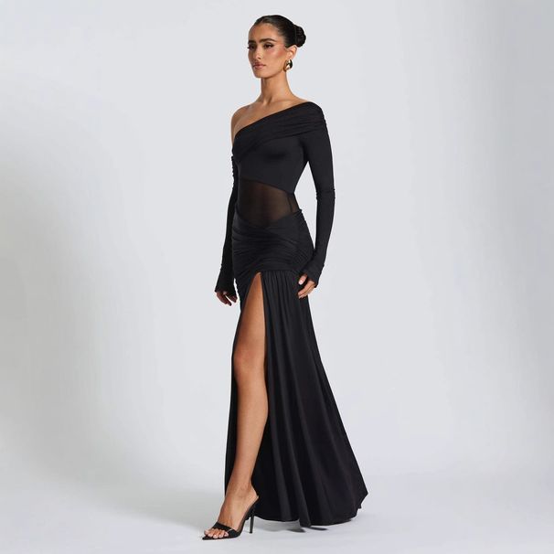 Women's Clothing One Shoulder Pleated Waist See Through Off Shoulder Mesh Women's Sexy Long Skirt_ecoleips.com