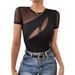 Women's Clothing Spring And Summer New Sexy Solid Color Short Sleeved Mesh Splicing New T Shirt Slim Tops For Women_ecoleips.com
