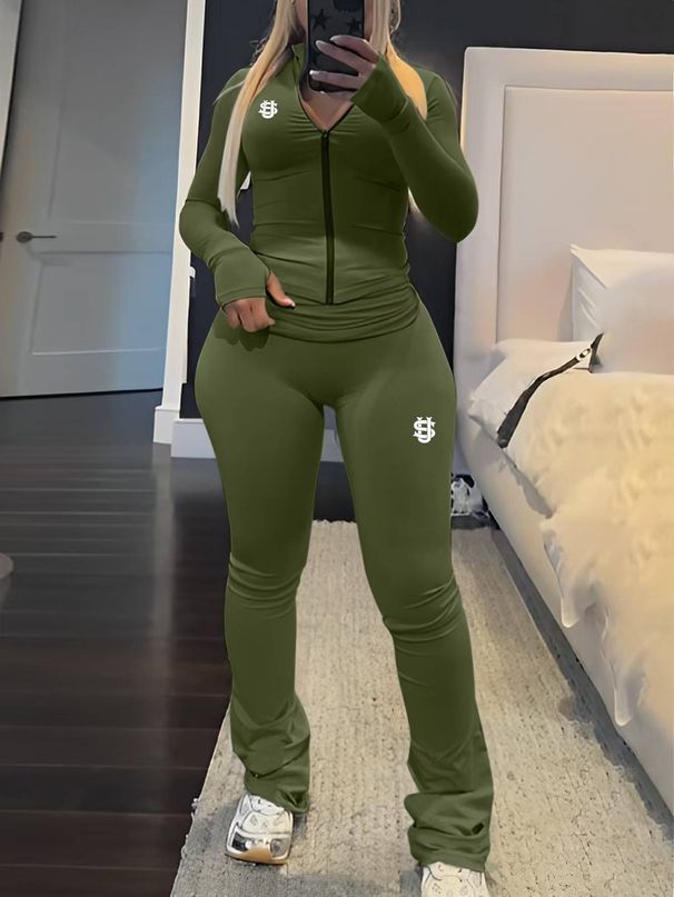 European And American Autumn And Winter New Solid Color Women's Round Neck Long Sleeve Pants Suit_ecoleips.com