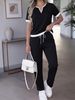 Women's Casual Short Sleeve V-Neck Top With Drawstring Straight Leg Pants Set, Summer Two-Piece Outfit, Comfortable Loungewear And Daily Wear_ecoleips.com