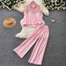 Women's Pink Embroidered Sequined Shirt And Wide Leg Pants Set Lazy Style Slimming Two Piece Autumn Commuting Fashion_ecoleips.com