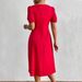 Voya Women's European And American Square Neck Chest Pleated Slit A-line Skirt Ins Popular Bubble Sleeve Red Dress_ecoleips.com