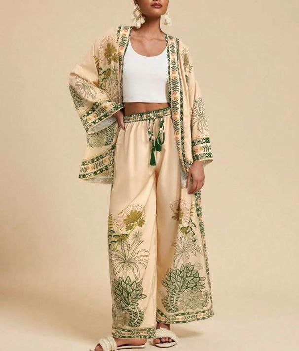 European American Autumn Fashion Loose Cardigan And Wide Leg Pants Set Long Sleeved Printed Suit for Women_ecoleips.com