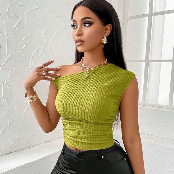 French Style Sexy Knit Pure Desire Hot Girl Summer Off-Shoulder New Slim Fit Waist-Cinching Short Sleeve Top_ecoleips.com