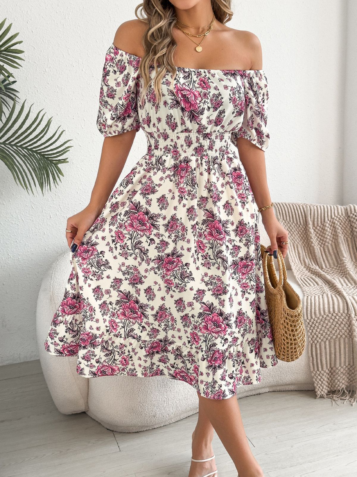 Real Shot Of Spring/summer European And American Off-shoulder Short-sleeve Floral Ruffle Maxi Vacation Dress._ecoleips.com