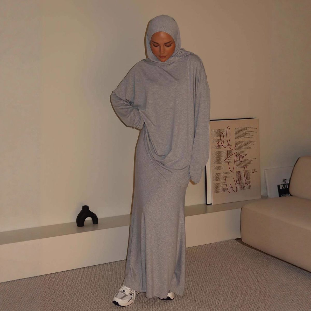 Modest Abaya Dress Elegant Modest Dress Set – Round Neck Hijab Tunic & Pencil Skirt With Stretch Polyester For Sophisticated Women_ecoleips.com