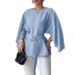 Women's Elegant Bell Sleeve Blouse Solid Color Office Wear Top with Waist Tie for Evening Fashion Fall_ecoleips.com