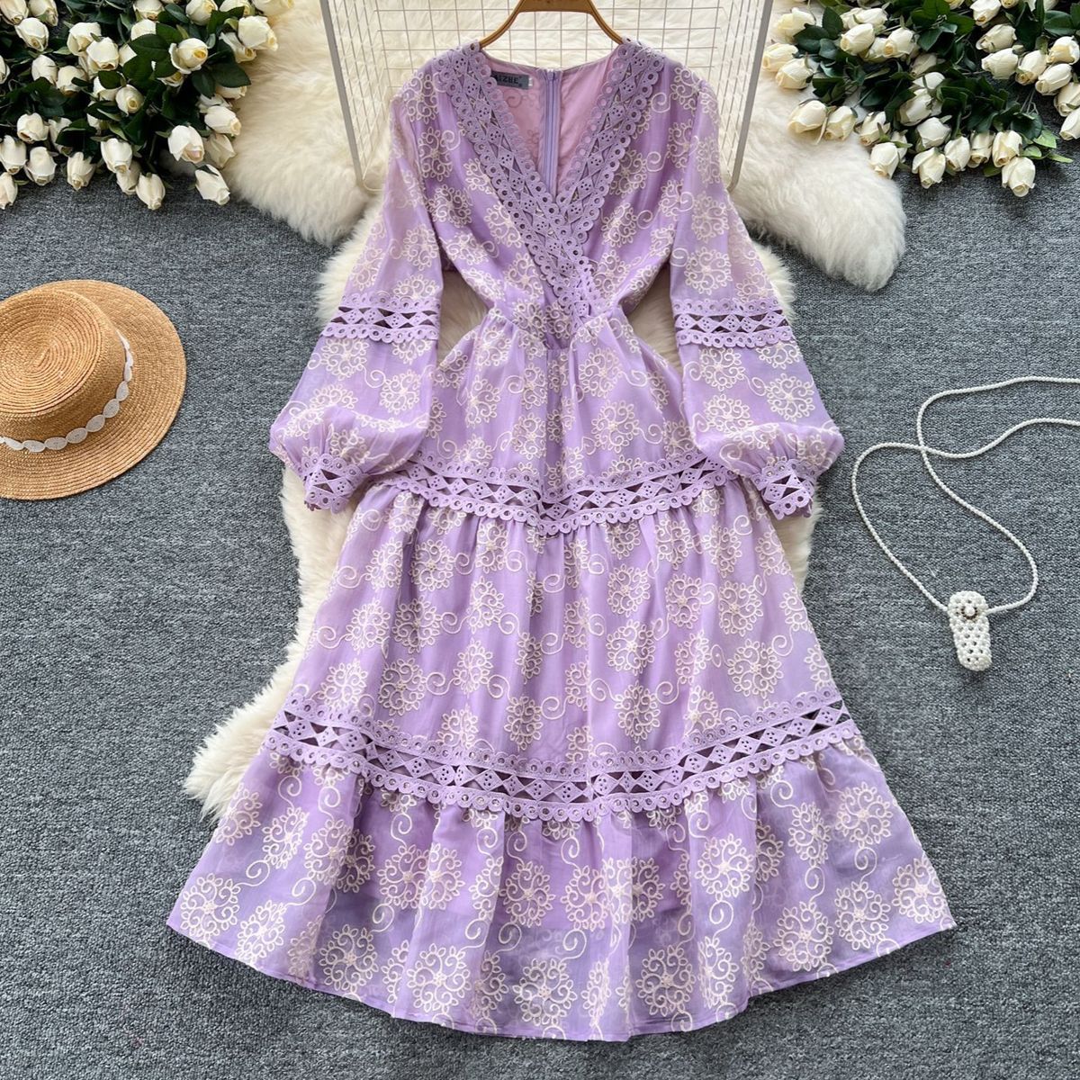 Women's Clothing Floral Lantern Sleeve Dress For Women Spring Hollow Hook Flower V Neck Design Light Luxury Temperament Long Dress_ecoleips.com
