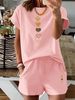 Summer New White Heart-shaped Pattern T-shirt, Casual Printed Round Neck Short Sleeved Top With Elastic Waist Pocket, Women's Two-piece Set-282_ecoleips.com