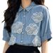 Women's Loose Fit Blue Floral Denim Shirt Korean Style Slimming Casual Top Short Sleeve Thin Style_ecoleips.com
