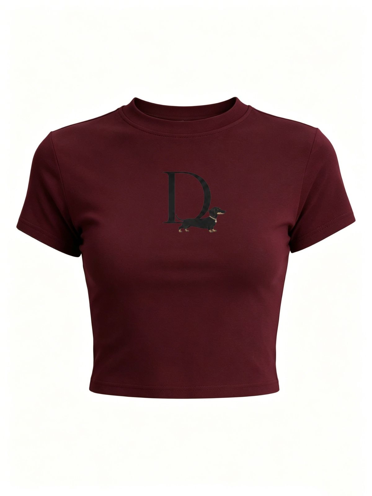 Cute Sausage Dog Graphic Cropped T-Shirt, Crew Neck Short Sleeve Slim Fit Tee, Basic Casual Top For Daily Wear_ecoleips.com