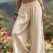 Women's Linen-Cotton Blend Wide Leg Pants, Elastic Waist Relaxed Trousers With Side Pockets, Casual Boho Palazzo Pants For Everyday_ecoleips.com