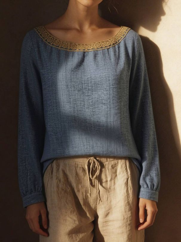 Women's Casual Lace-trimmed Linen Long-sleeved Blouse, Pullover Style, Casual Vacation Wear Top._ecoleips.com