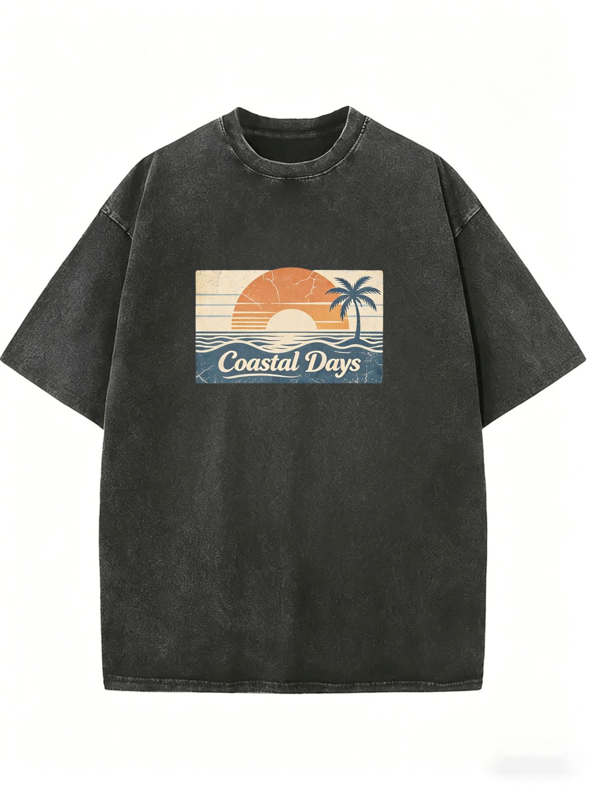 Women's Plus-size T-shirt, Retro Seaside Style, Sunset Palm Tree Pattern, Casual Short-sleeved Design._ecoleips.com