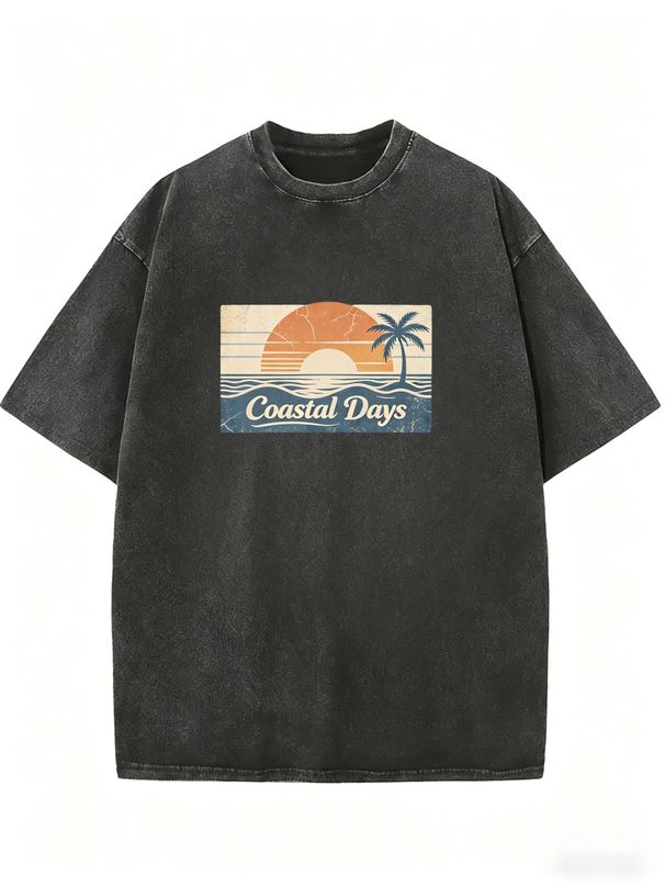 Women's Plus-size T-shirt, Retro Seaside Style, Sunset Palm Tree Pattern, Casual Short-sleeved Design._ecoleips.com