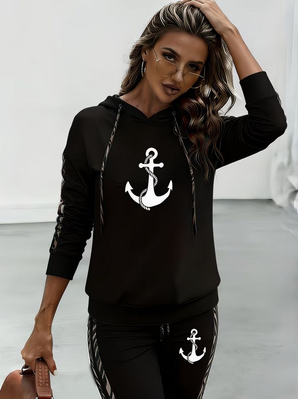 Women's Fashionable Boat Style Trousers Set Long Sleeved Drawstring Print Spring Autumn_ecoleips.com