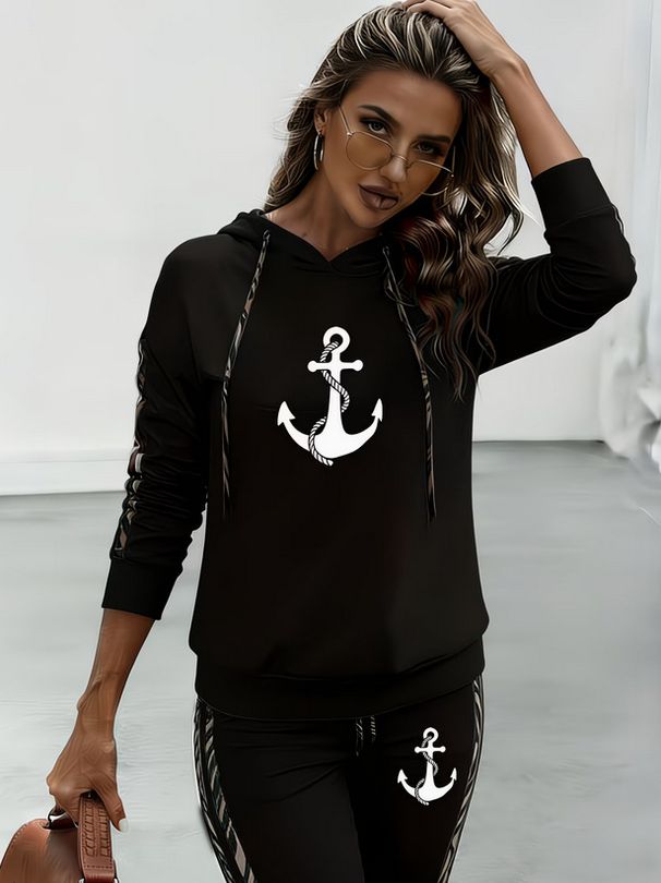 Women's Fashionable Boat Style Trousers Set Long Sleeved Drawstring Print Spring Autumn_ecoleips.com