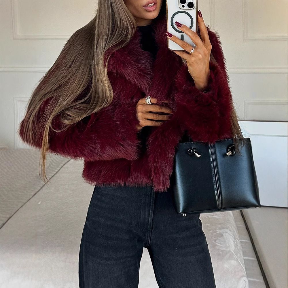 Burgundy Short Faux Fur Coat – Elegant Lapel Jacket For Women (S/M/L, Wine Red)_ecoleips.com