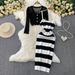 Women's Clothing V Neck Hollow Knitted Long Sleeved Sunscreen Cardigan Short Jacket Striped Temperament Suspender Dress Set_ecoleips.com