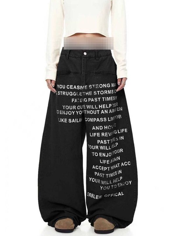 Vintage Washed Distressed Print High Waist Wide Leg Jeans For Women - Loose Fit Straight Denim Pants With Retro Street Style (Khaki, Black)_ecoleips.com
