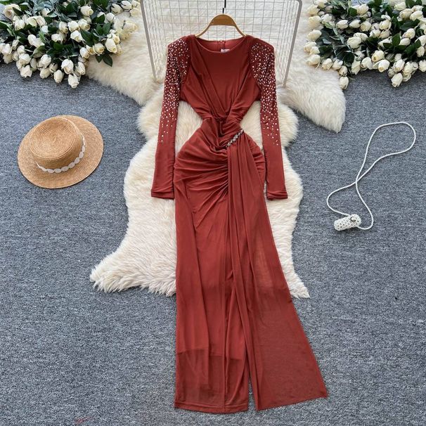 High-End Women's Dress Rhinestone Embellished Slimming And Flattering Pleated Waist Long Sleeves Flowing Ribbons_ecoleips.com