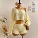 Women's Striped Asymmetrical Off-Shoulder Top And Shorts Set Long Sleeve European American Style_ecoleips.com