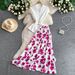 Lady Chic Notch Lapel Slim-Fit Round Neck Top And High-Waist Floral Print Midi Dress 2-Piece Set Elegant Floral Print_ecoleips.com