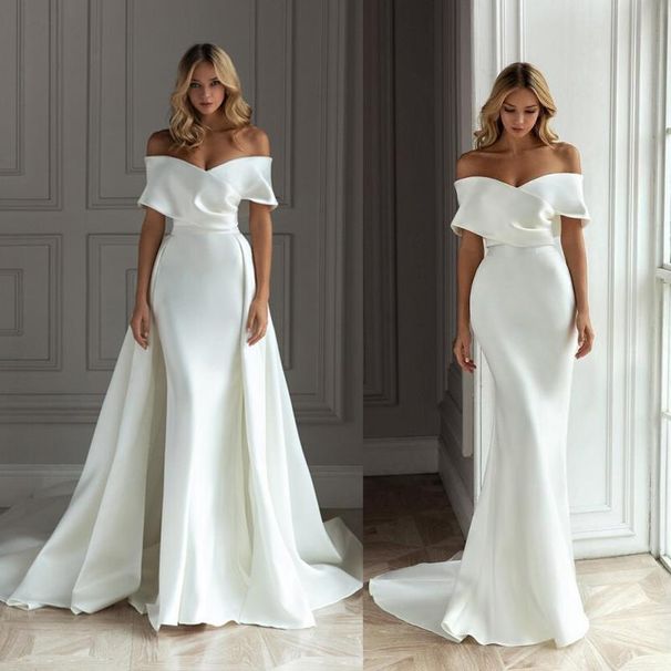 Women's Clothing New Light Wedding Dress Satin Long Tail Temperament Simple Hepburn Style Hosted One Shoulder Wedding Dress Spring_ecoleips.com