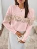 Embroidered Floral Round-Neck Sweater For Women – Plus Size Elegant Pullover With Beaded Detailing & Jacquard Texture (White/Beige/Pink/Black)_ecoleips.com