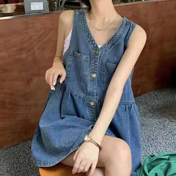 Sleeveless Strap Dress Women Summer Single-Breasted Pockets Denim Dresses Woman Korean Style Loose A Line Mini Dress_ecoleips.com