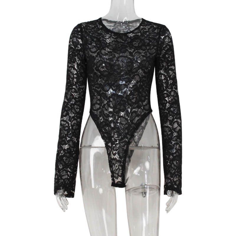 Fashion Sexy Women's Lace Jacquard Perspective Slim Long Sleeve Spice Girls Ladies Onesie_ecoleips.com