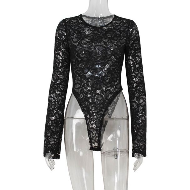 Fashion Sexy Women's Lace Jacquard Perspective Slim Long Sleeve Spice Girls Ladies Onesie_ecoleips.com