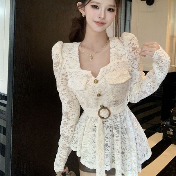 Irregular Square Neck Puff Sleeve Lace Blouse For Women, Spring And Autumn High-End Waist-Cinching Top, Extremely_ecoleips.com