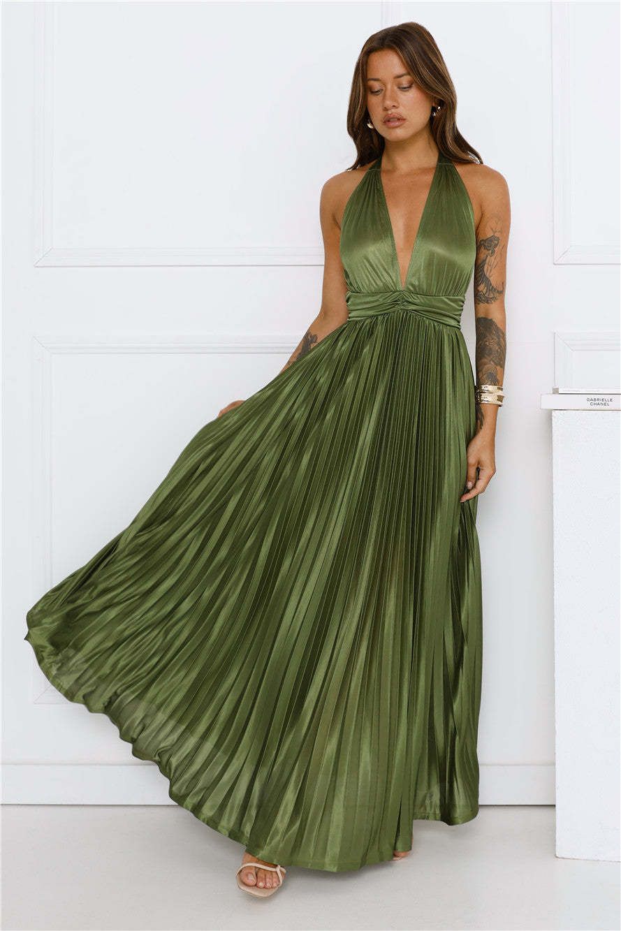 Elegant One Shoulder Pleated Long Dress Asymmetrical Neckline Waist Cinching Formal Solid Color European And American Style Cocktail Dress_ecoleips.com