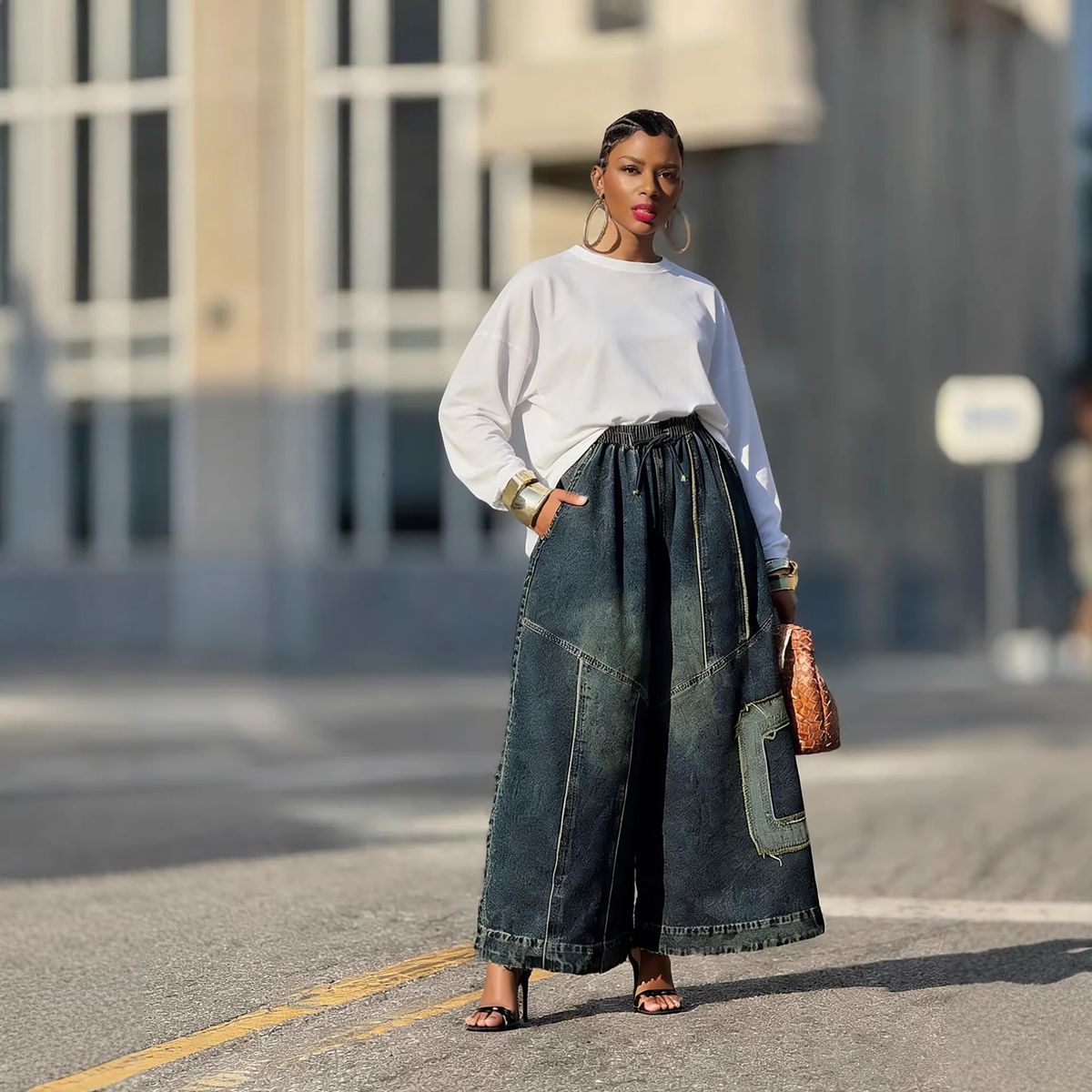 Women's Retro Patchwork Appliqué Wide Leg Jeans Distressed Elastic Waist Cotton Casual Fashion Spring/Autumn Summer_ecoleips.com