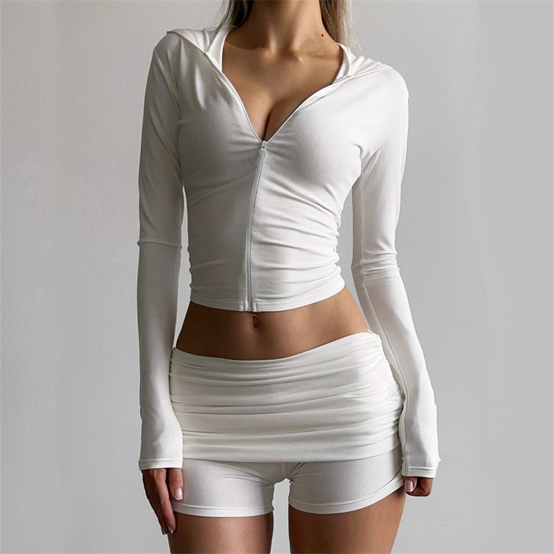 Women's Autumn Hooded Cardigan Top With Pleats Two Piece Set Fashionable Sporty Style New Arrivals_ecoleips.com
