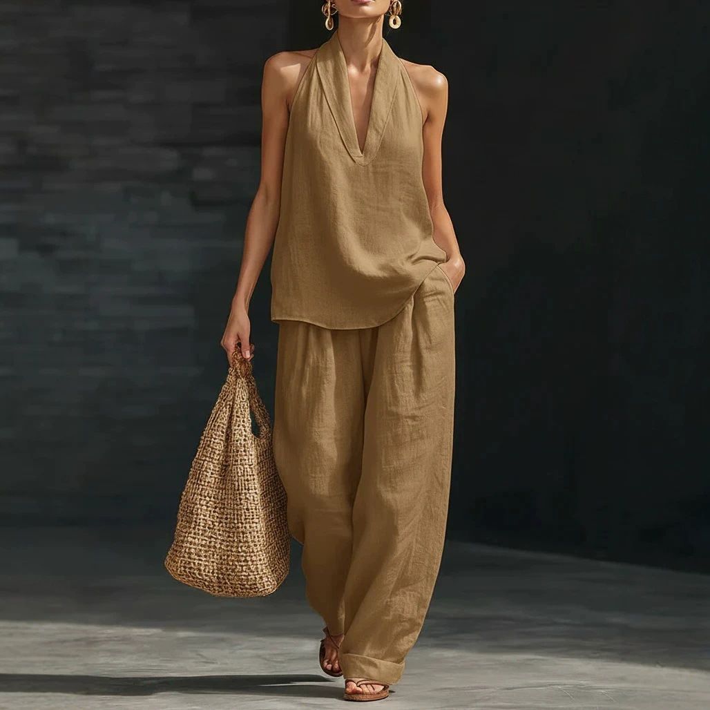 Women's Summer V Neck Backless Halter Neck Vest And Wide Leg Pants Two Piece Set Solid Color European And American Style_ecoleips.com