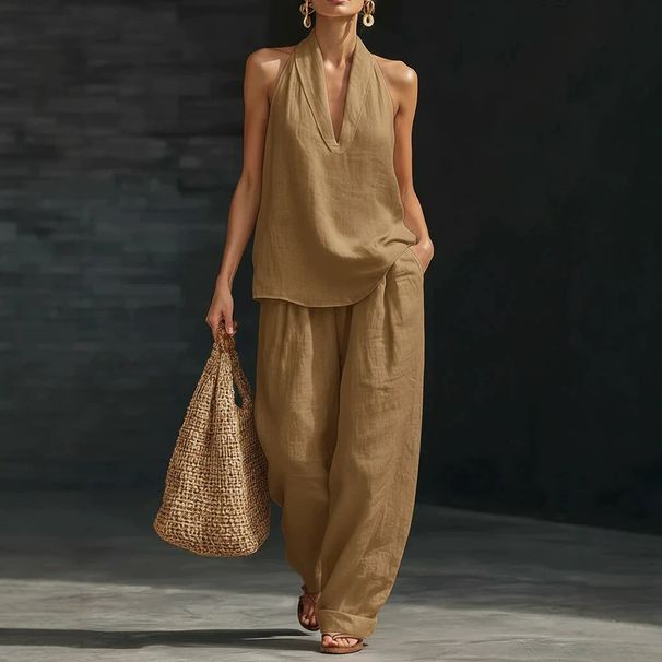 Women's Summer V Neck Backless Halter Neck Vest And Wide Leg Pants Two Piece Set Solid Color European And American Style_ecoleips.com